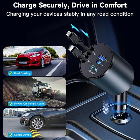 شاحن سيارة قابل للسحب، شاحن هاتف سيارة سريع 4 في 1 بقدرة 60 وات، شاحن سيارة USB C (حبال قابلة للسحب من النوع C+Lightning) in Saudi Arabia