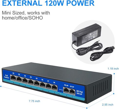 8 Port PoE Switch with 2 Uplink Ports, 120W Poe Switch, IEEE 802.3af/at, Unmanaged, Metal Housing, Fanless Design, PoE Switch for IP Cameras, PoE Devices in Saudi Arabia