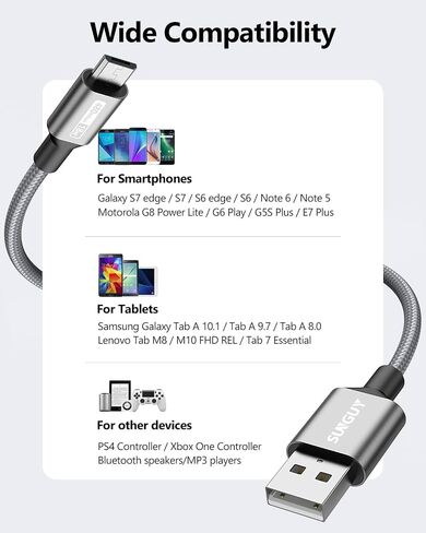 SUNGUY Short Micro USB Cable [3-Pack,1.5ft], Nylon Braided USB to Micro USB 2.0 Fast Charging & Data Sync Cord for Samsung Galaxy S6 S7, Tab 4, LG, Power Bank, Android Phone in Saudi Arabia
