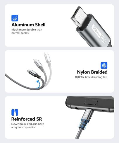 SUNGUY Short Micro USB Cable [3-Pack,1.5ft], Nylon Braided USB to Micro USB 2.0 Fast Charging & Data Sync Cord for Samsung Galaxy S6 S7, Tab 4, LG, Power Bank, Android Phone in Saudi Arabia