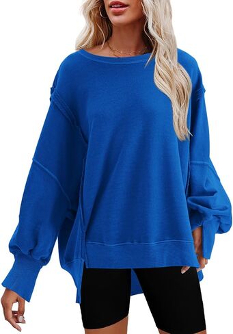 Nirovien Womens Oversized Crewneck Sweatshirt Side Slit Long Sleeve Pullover Slouchy Fit Tops in Kuwait