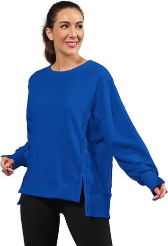 Nirovien Womens Oversized Crewneck Sweatshirt Side Slit Long Sleeve Pullover Slouchy Fit Tops in Kuwait