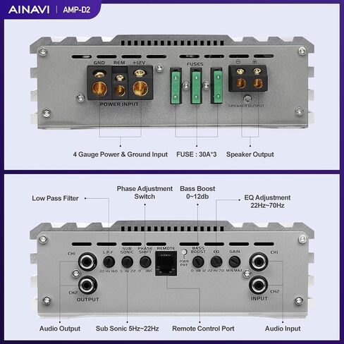 مكبرات صوت للسيارة بقناتين - مضخم صوت ستيريو فئة D كامل المدى بقدرة 2000 وات، مكبر صوت مضخم صوت للسيارة Amp AMP-D2 مع مجموعات الأسلاك in Kuwait
