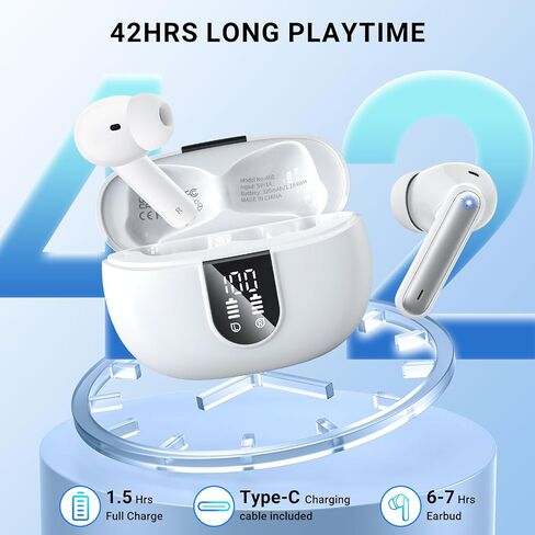 Wireless Earbuds Headphones Bluetooth 5.3 with 4 ENC Noise Cancelling Mics,Hi-Fi Stereo in Ear Ear Buds with LED Screen,IPX6 Waterproof,42h Duration Playback for iPhone and Android white earphones in Saudi Arabia