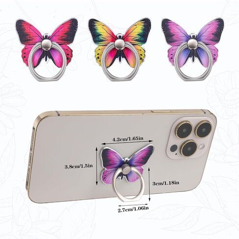 3 PCS Cell Phone Ring Stand Holder, Cute Butterfly Painted Pattern Metal Finger Kickstand 360 Degrees Rotation Ring Holder Grip with Knob Loop Compatible with All Smartphones Tablet (Color A) in Saudi Arabia