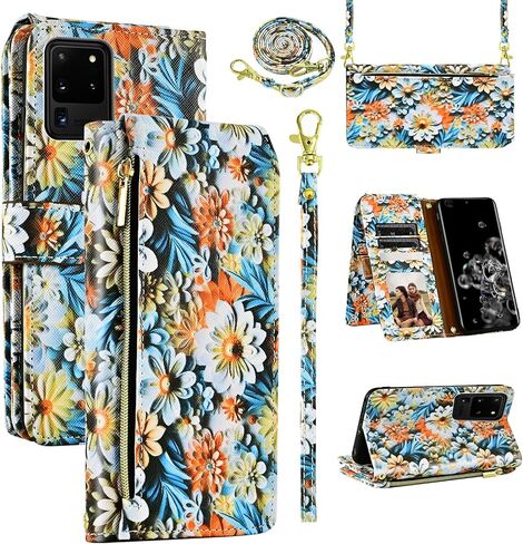 Wallet Case for Samsung Galaxy S20 Ultra 5G with Wrist Strap Shoulder Strap, 9+ Card Slots Zipper Floral PU Leather Stand Cell Phone Cover for S20ultra 20S S 20 A20 S2O 20ultra G5 Women Brown in Kuwait