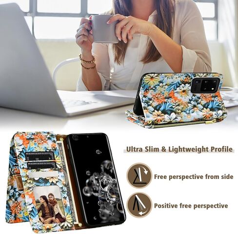 Wallet Case for Samsung Galaxy S20 Ultra 5G with Wrist Strap Shoulder Strap, 9+ Card Slots Zipper Floral PU Leather Stand Cell Phone Cover for S20ultra 20S S 20 A20 S2O 20ultra G5 Women Brown in Kuwait