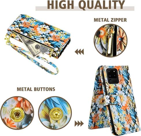 Wallet Case for Samsung Galaxy S20 Ultra 5G with Wrist Strap Shoulder Strap, 9+ Card Slots Zipper Floral PU Leather Stand Cell Phone Cover for S20ultra 20S S 20 A20 S2O 20ultra G5 Women Brown in Kuwait