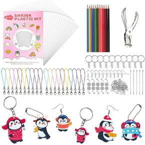 Warckon 200 Pieces Shrink Plastic Sheet Kit Include 20 Blank Sheets Shrinky Art Paper,Hole Punch,165 Keychains Accessories,12 Colored Pencils for Kids DIY Ornaments Creative Handmade Craft