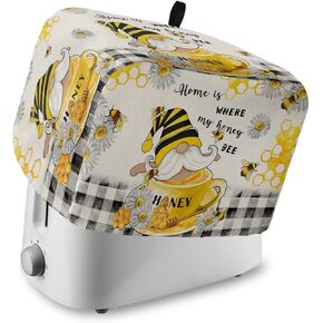Honey Gnomes Toaster Cover 4 Slice, Large Kitchen Appliance Covers, Spring Floral Yellow Summer Bee Black Plaid Toaster Oven Cover with Loop, Bread Machine Cover Polyester Dust Cover Protection