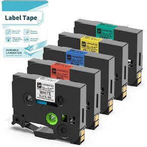 12mm 0.47 Laminated Color BZ Tapes for H1100 D210S D480BT P780BT E1000 P3200 Labeler Compatible with Brother Ptouch PT-D210 PT-D220 PT-H110 PT-D600 D400 Label Maker, White/Red/Blue/Yellow/Green