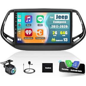 ستيريو سيارة 2G+64G Android 13 لسيارة Jeep Compass 2017-2020 مع Carplay Android Auto، شاشة لمس 9 بوصات راديو السيارة Jeep Compass مع وصلة مرآة WiFi/GPS ملاحة بلوتوث FM/RDS SWC+كاميرا خلفية in Kuwait