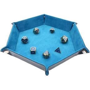 Dice Tray Metal Dice Rolling Tray for RPG DND Table Games, Dice Holder Storage Box, Double Sided Folding Rectangle PU Leather and Velvet (Oxford Blue)