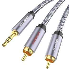 RCA to 3.5mm Cable 10ft/3M, 90 Degree 3.5mm Male to 2RCA Male Stereo Y Splitter Adapter Right Angle Aux to RCA Cable for Smartphones, MP3, Tablets, Speakers,HDTV-Grey
