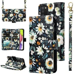 Wallet Case for Samsung Galaxy A03s US Version 5G 2022 with Detachable Wrist Strap Crossbody Shoulder Strap Flower Leather Zipper Purse Phone Cover Ao3s A 03s SM-A037U SM A037U Girls Black