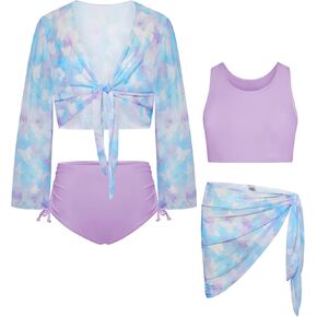 GRACE KARIN Girls 4 Piece Bathing Suit Taniki Swimsuit Tie Front Bikini Set with Kimono Cover Up 6-14