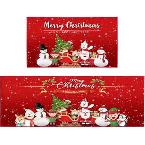 2 Pcs Christmas Kitchen Rugs and Mats, Merry Christmas and Happy New Year Home Kitchen Decoration Non-Slip Floor Mat Sets, Washable Microfiber Kitchen Carpet 17x47+17x30 Inches