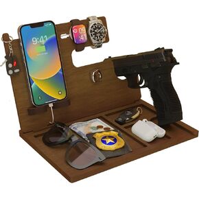 Wooden Gun Docking Station - Police Officer Gifts, Bedside Holster Men Gift Ideas, Mens Birthday Gift, Gun Concealment Decor, Wood Phone Docking Station, Gifts for, Gun Holder, Pistol Rack