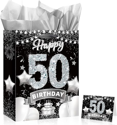 حقائب هدايا عيد الميلاد السادس عشر باللون الأسود والفضي، حقيبة تغليف هدايا عيد الميلاد السادس عشر الكبيرة مقاس 33 سم مع ورق مناديل وبطاقة حلوة لعيد الميلاد السادس عشر من كرافت جودي حقيبة حلوى للأولاد والبنات ديكورات حفلات عيد الميلاد السادس عشر in Kuwait