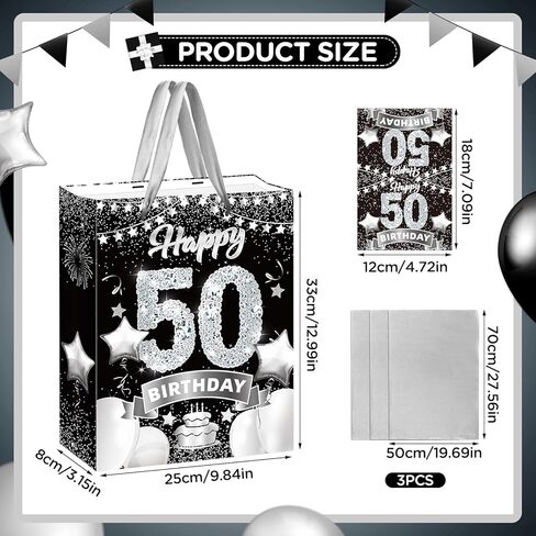 حقائب هدايا عيد الميلاد السادس عشر باللون الأسود والفضي، حقيبة تغليف هدايا عيد الميلاد السادس عشر الكبيرة مقاس 33 سم مع ورق مناديل وبطاقة حلوة لعيد الميلاد السادس عشر من كرافت جودي حقيبة حلوى للأولاد والبنات ديكورات حفلات عيد الميلاد السادس عشر in Kuwait