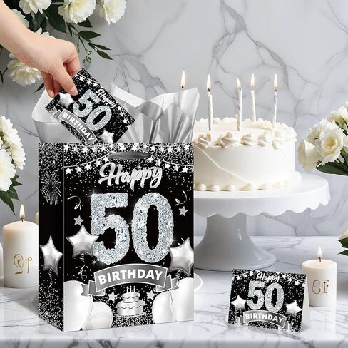 حقائب هدايا عيد الميلاد السادس عشر باللون الأسود والفضي، حقيبة تغليف هدايا عيد الميلاد السادس عشر الكبيرة مقاس 33 سم مع ورق مناديل وبطاقة حلوة لعيد الميلاد السادس عشر من كرافت جودي حقيبة حلوى للأولاد والبنات ديكورات حفلات عيد الميلاد السادس عشر in Kuwait