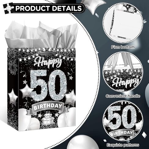 حقائب هدايا عيد الميلاد السادس عشر باللون الأسود والفضي، حقيبة تغليف هدايا عيد الميلاد السادس عشر الكبيرة مقاس 33 سم مع ورق مناديل وبطاقة حلوة لعيد الميلاد السادس عشر من كرافت جودي حقيبة حلوى للأولاد والبنات ديكورات حفلات عيد الميلاد السادس عشر in Kuwait