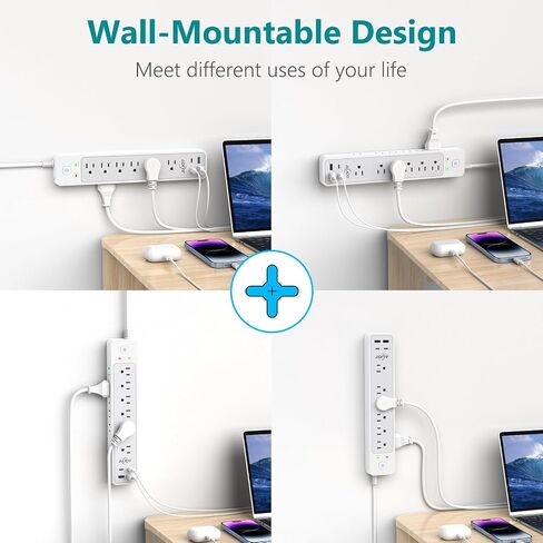 2 Pack Surge Protector Power Strip with 4 USB Ports(2 USB-C), 12 AC Outlets, 1500J Surge Protection, 5Ft Flat Plug Extension Cord, Wall Mount for Home, Office, College Dorm Room Essentials in Saudi Arabia