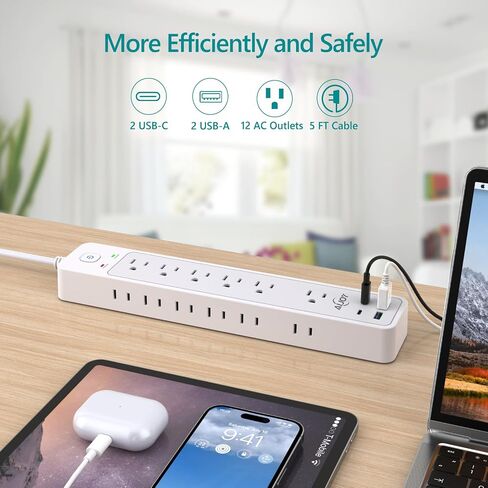 2 Pack Surge Protector Power Strip with 4 USB Ports(2 USB-C), 12 AC Outlets, 1500J Surge Protection, 5Ft Flat Plug Extension Cord, Wall Mount for Home, Office, College Dorm Room Essentials in Saudi Arabia