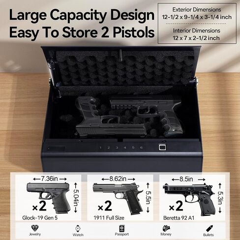 Biometric Fingerprint Gun Safe Pistol Safe 4 Ways 0.1S Quick Access, Fingerprint/Passcode/Key/App Unlock, Large Capacity Handgun Safe for 2 Pistols in Saudi Arabia