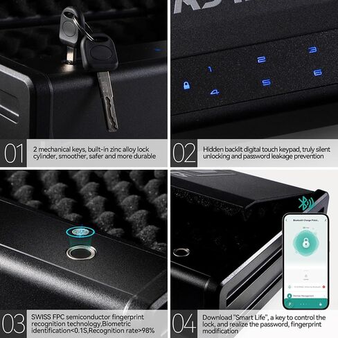 Biometric Fingerprint Gun Safe Pistol Safe 4 Ways 0.1S Quick Access, Fingerprint/Passcode/Key/App Unlock, Large Capacity Handgun Safe for 2 Pistols in Saudi Arabia