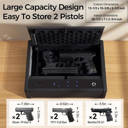Biometric Fingerprint Gun Safe Pistol Safe 4 Ways 0.1S Quick Access, Fingerprint/Passcode/Key/App Unlock, Large Capacity Handgun Safe for 2 Pistols in Saudi Arabia