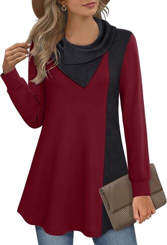 Youtalia Women's Long Sleeve Cowl Neck Tunic Color Block Pullover Sweatshirt in Saudi Arabia