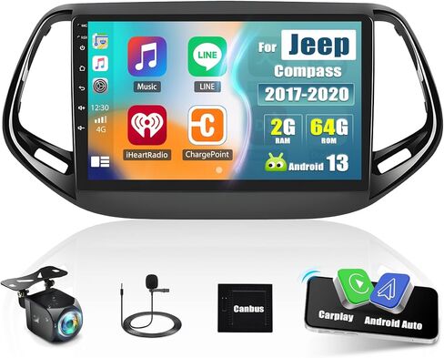 ستيريو سيارة 2G+64G Android 13 لسيارة Jeep Compass 2017-2020 مع Carplay Android Auto، شاشة لمس 9 بوصات راديو السيارة Jeep Compass مع وصلة مرآة WiFi/GPS ملاحة بلوتوث FM/RDS SWC+كاميرا خلفية in Kuwait