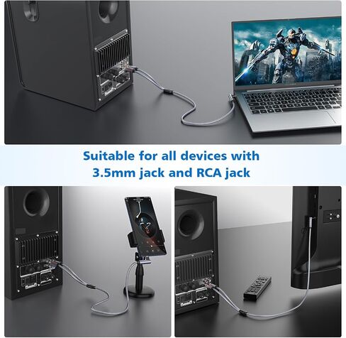 RCA to 3.5mm Cable 10ft/3M, 90 Degree 3.5mm Male to 2RCA Male Stereo Y Splitter Adapter Right Angle Aux to RCA Cable for Smartphones, MP3, Tablets, Speakers,HDTV-Grey in Saudi Arabia