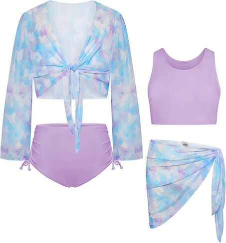 GRACE KARIN Girls 4 Piece Bathing Suit Taniki Swimsuit Tie Front Bikini Set with Kimono Cover Up 6-14 in Saudi Arabia