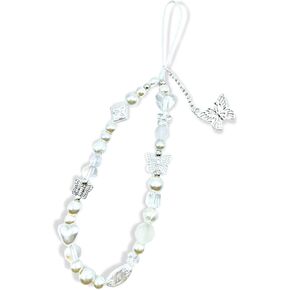 Meefisher White Butterfly Y2K Beaded Phone Charm Cute Charms Cell Phone Lanyard Strap Handmade Acrylic Flower Wrist Beads Chain Sweet Gifts for Women