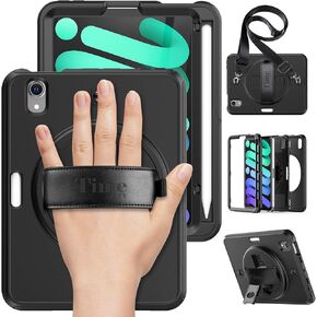 timecity for iPad Mini 7th/ 7 Generation Case (A17 Pro), for iPad Mini 6th/ 6 Generation Case 8.3 Inch: with Screen Protector, Rotating Stand, Pencil Holder - Black