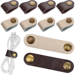 10 PCS Leather Cord Organizer Straps, Leather Cable Straps, Earphone Cord Holder, Snap Cord Holder for Earphone Wrap, Cable Straps, Headset