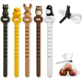 BONE Character Sealed Tie (5 Packs), Bag Sealing Cord for Food & Snack Packages, Reusable Silicone Strap with Cute Cartoon Animal Design, Multi-Purpose Twist Tie for Food Storage & Wire Management