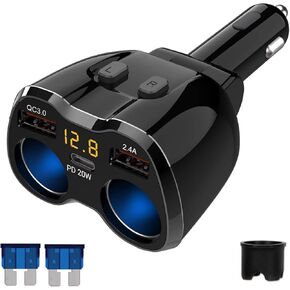 Cigarette Lighter Splitter 2 Socket, Qidoe 150W Cigarette Lighter Adapter 20W USB C Car Charger and 18W QC3.0 Multi Port Car 12V Splitter with Button Switch LED Voltmeter for GPS Dash Cam Phone Tablet