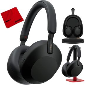 Sony WH-1000XM5 Wireless Industry Leading Noise Canceling Headphones, Silver Bundle with Deco Gear Pro Audio Headphone Stand - Matte Black + 6 x 6 inch Microfiber Cleaning Cloth in Kuwait