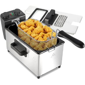 3L Deep Fryer with Basket, 1700W Electric Deep Fryer with Time & Temperature Control for Home Use, Removable Basket, Lid with View Window and Odor Free Filter, Stainless Steel, Dishwasher Safe