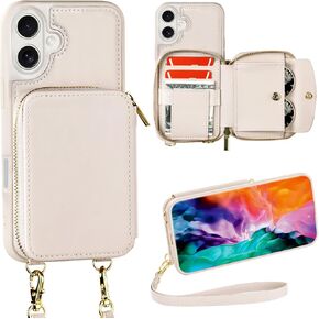 Zipper Wallet Case Compatible with iPhone 16, Crossbody Card Holder Phone Purse, Leather Shockproof Protective Cover with Wrist Strap Lanyard for iPhone 16 6.1" 2024 - Black