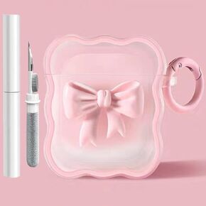 Compatible with Airpods Case Cover with Cleaning Kit, Cute Pink Clear TPU 3D Bow Airpod Cover Shockproof Airpods Protective Case for Girl Women with Keychain for AirPod 1st/2nd Charging Case