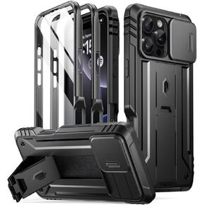 Poetic Revolution Case for iPhone 16 Pro 6.3 inch, [Slide Camera Cover], Full-Body Military Grade Rugged Shockproof Cover with Kickstand and Built-in-Screen Protector, Black