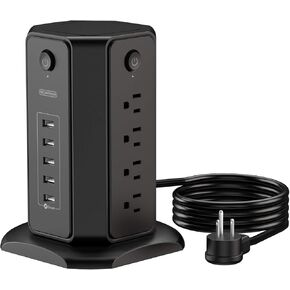 Power Strip Tower Surge Protector, NTONPOWER 8 Outlet 5 USB Desktop Charging Station 1625W 13A, 6ft Extension Cord Flat Plug, Individual Switches, 1080 Joules, Overload Protection for Home Office