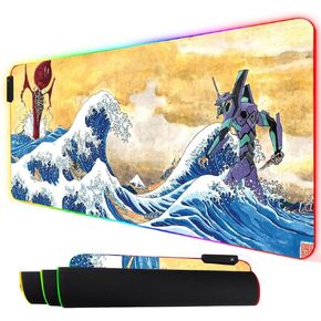 RGB Gaming Mouse Pad, Large Extended Soft Led Mice Pad with 10 Lighting Modes, Waterproof 31.5 x 11.8 0.12" Thick Rubber Table Mat,Japanese Wave Mousepad 80x30 rgbBigWaves