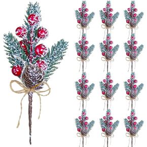 20PCS Mini Christmas Floral Picks Red Berry Pine Branches Faux Pine Cones Stem for Xmas Tree Festival Decoration