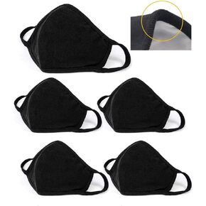 5 Pack Black Mask Windproof Dustproof Masks with Adjustable Nose Wire,Breathable Reusable Washed for Outdoor Sport Half Face Earloop Cotton Masks for Men and Women
