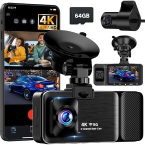 4K 3 Channel Dash Cam Front and Rear Inside, 5G WiFi Dash Camera for Cars, APP Control, Night Vision, 3" IPS Screen, G-Sensor, 24H Parking Mode, Loop Recording, 64GB SD Card Included